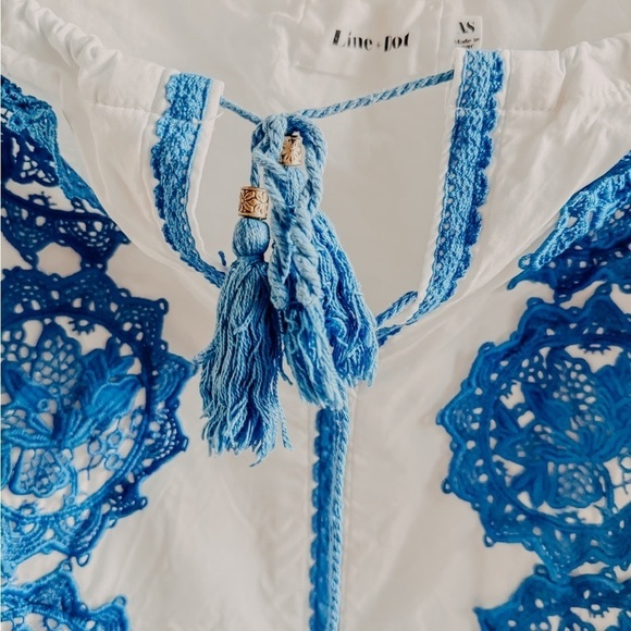 Line + Dot Boho White Beach Cover-Up Blue Embroidery Tassel Tie XS - Picture 5 of 15